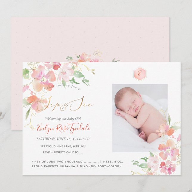 PixDezines Watercolor  Sweet Peas Sip+See Inbjudningar (Fram/baksida)