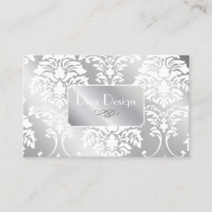 PixDezines White Damask + Silver Tone Visitkort