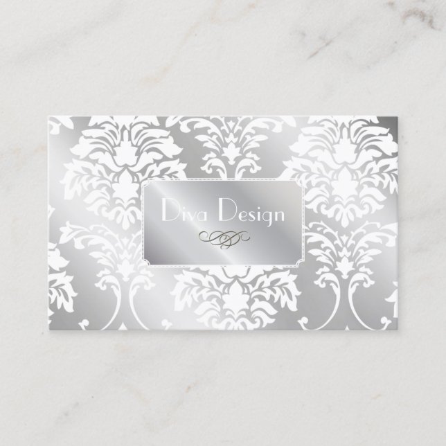 PixDezines White Damask + Silver Tone Visitkort (Framsida)