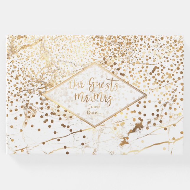 PixDezines WHITE MARBLE+FAUX GULD CONFETTI Gästböcker (Framsida)