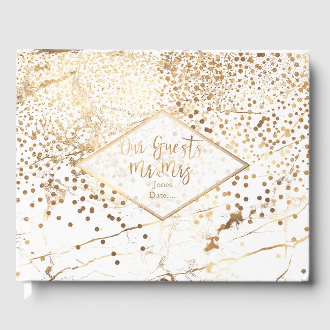 PixDezines WHITE MARBLE+FAUX GULD CONFETTI Gästböcker (Framsida)