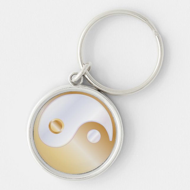 PixDezines yin yang/vit+falskt guld Rund Silverfärgad Nyckelring (Framsidan)