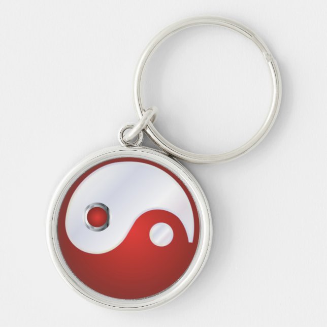 PixDezines yin yang/vit+röd Rund Silverfärgad Nyckelring (Framsidan)