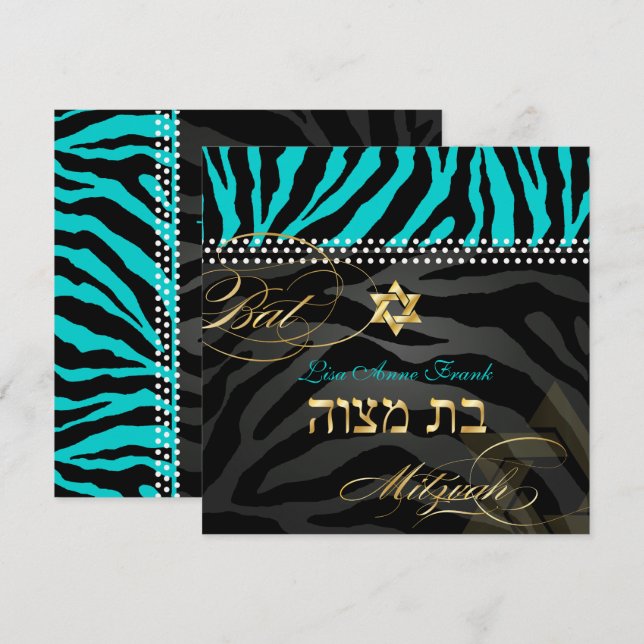 PixDezines Zebra Bat mitzvah/DIY Färg Aqua Inbjudningar (Fram/baksida)