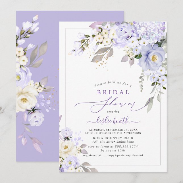 PixDezinesH2  Lila Hydrangea Rosor Bröllopsdusch Inbjudningar (Fram/baksida)