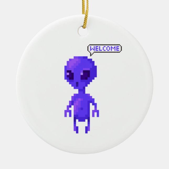 Pixel Alien Välkommen Gaming Julgransprydnad Keramik (Framsidan)