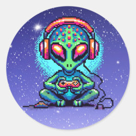 Pixel Art Alien spelar videospel Runt Klistermärke