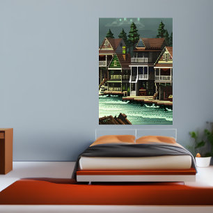 Pixel art, amerikansk stad nära havet   AI Art Poster