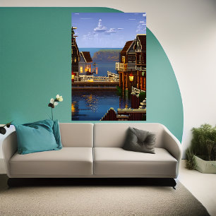Pixel art, amerikansk stad nära havet   AI Art Poster