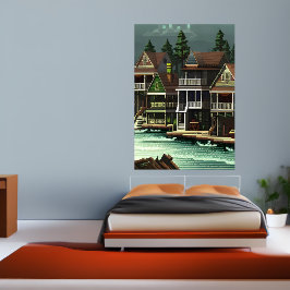 Pixel art, amerikansk stad nära havet | AI Art Poster