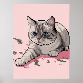 Pixel Art av Grått Ragdoll Cat med Blue Ögon Poster