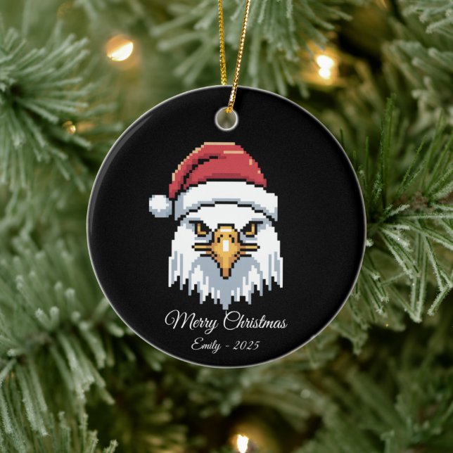 Pixel Art Bald Eagle Santa Hat Julgransprydnad Keramik (Träd)