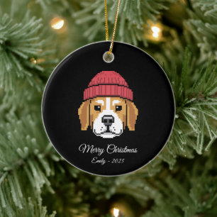 Pixel Art Beagle Hund Vinterhatt Julgransprydnad Keramik