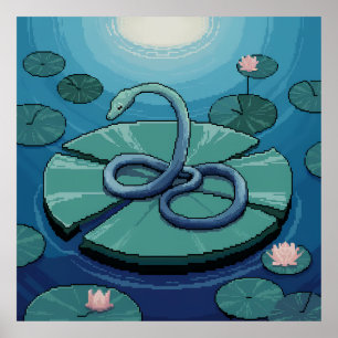 Pixel Art Blå Orm på Näckrosblad Poster