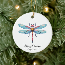 Pixel Art Blue Dragonfly Insect Art Christmas Gift Julgransprydnad Keramik