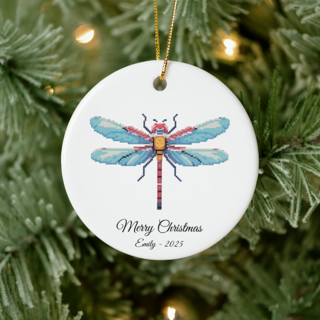 Pixel Art Blue Dragonfly Insect Art Christmas Gift Julgransprydnad Keramik (Träd)