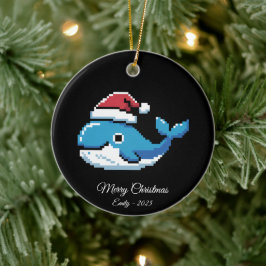 Pixel Art Blue Whale Santa Hat Julgransprydnad Keramik