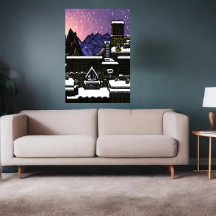 Pixel art, bystad i snöberget   AI Art Poster