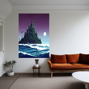 Pixel art, Castle on sten i havet   AI Art Poster