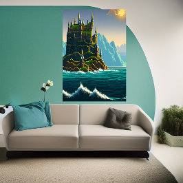 Pixel art, Castle on sten i havet | AI Art Poster