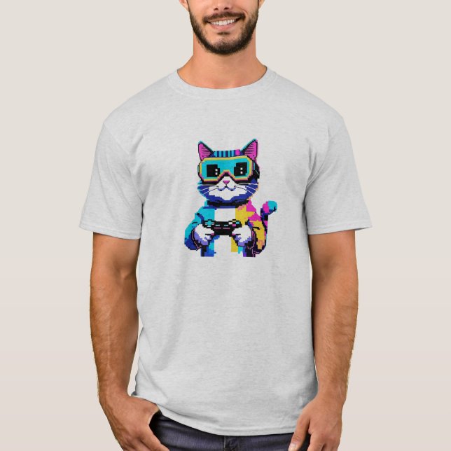 Pixel Art Cat Gamer T Shirt (Framsida)