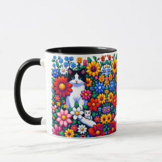 Pixel Art Cat, Kitten och Flowers Mugg