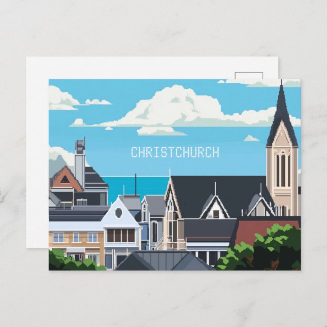 Pixel Art ChristChurch Nya Zeeland Vykort (Fram/baksida)