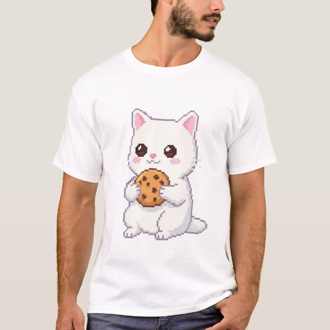 Pixel Art Cute Cat med Cookie - Adful and Swee T Shirt (Framsida)