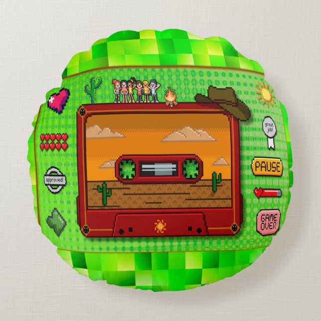 Pixel art denim  rund kudde (Framsidan)