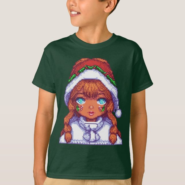 Pixel Art-flicka med julhatt T Shirt (Framsida)
