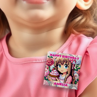 Pixel Art Girl's Rosa Birthday Girl Personlig Knapp