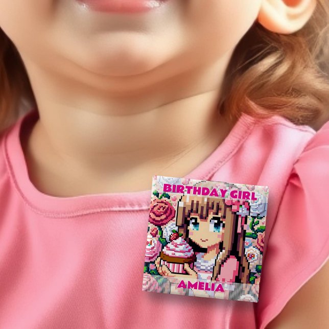 Pixel Art Girl's Rosa Birthday Girl Personlig Knapp (Skapare uppladdad)