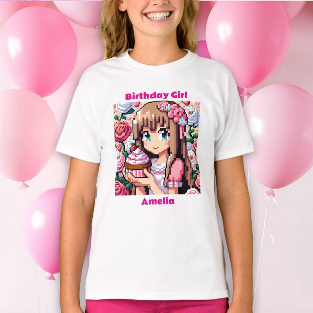 Pixel Art Girl's Rosa Birthday Girl Personlig T Shirt (Skapare uppladdad)