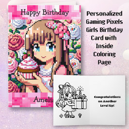 Pixel Art Girl's Rosa Födelsedagsfest | Färg Page Kort