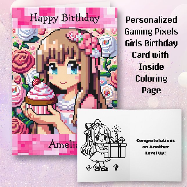 Pixel Art Girl's Rosa Födelsedagsfest | Färg Page Kort (Skapare uppladdad)