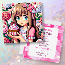 Pixel Art Girl's Rosa Födelsedagsfest