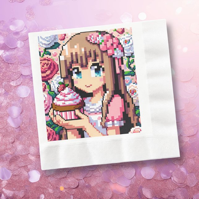 Pixel Art Girl's Rosa Födelsedagsfest Pappersservett (Skapare uppladdad)