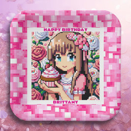 Pixel Art Girl's Rosa Födelsedagsfest Personlig