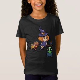 Pixel Art Halloween Witch på Broomstick med katt T Shirt