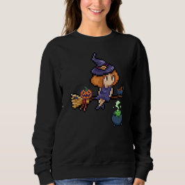 Pixel Art Halloween Witch på Broomstick med katt T Shirt
