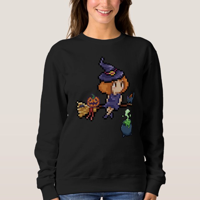 Pixel Art Halloween Witch på Broomstick med katt T Shirt (Framsida)