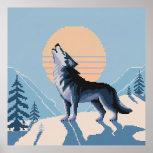 Pixel Art Howling-Varg vid solnedgång Poster