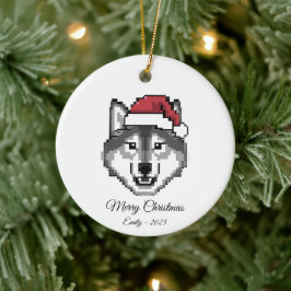 Pixel Art Husky Dog Santa Hat Christmas Gift Julgransprydnad Keramik