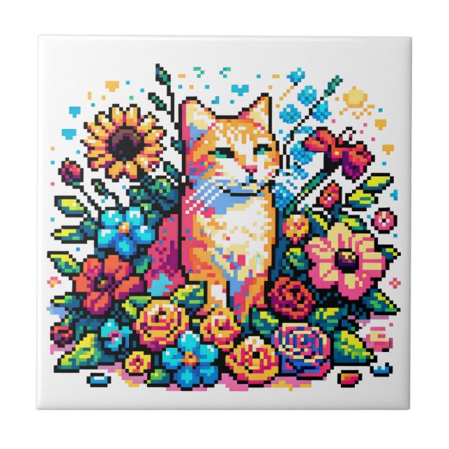 Pixel Art | Kat Sitta i Blommor Kakelplatta (Framsidan)
