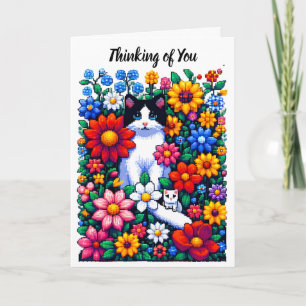 Pixel Art Katter och Blommor Tänker På Dig Kort