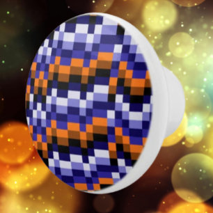 Pixel Art Keramisk Knap - Blå, Orange & Jordnära Knopp