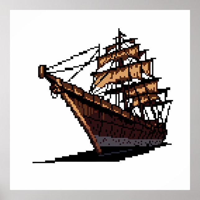 Pixel Art Pirate Ship on Grey Background Poster (Framsidan)