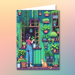 Pixel Art Plant Älskare Birthday   Färgsida Kort