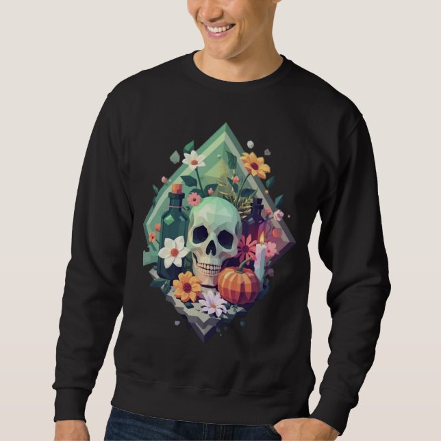 Pixel Art Poison Flaska med Blommigt Skull Lång Ärmad Tröja (Framsida)