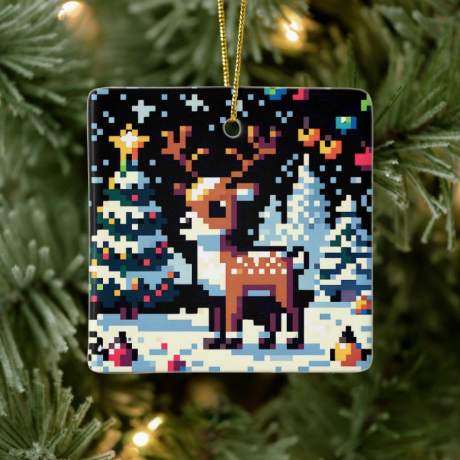 Pixel Art Reindeer under julen i Snö Julgransprydnad Keramik (Träd)